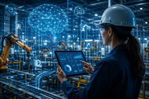 Engineer using a digital tablet in a modern manufacturing facility with robotic equipment, connected data networks, and AI-driven analytics visualizations representing industrial automation and intelligent operations.