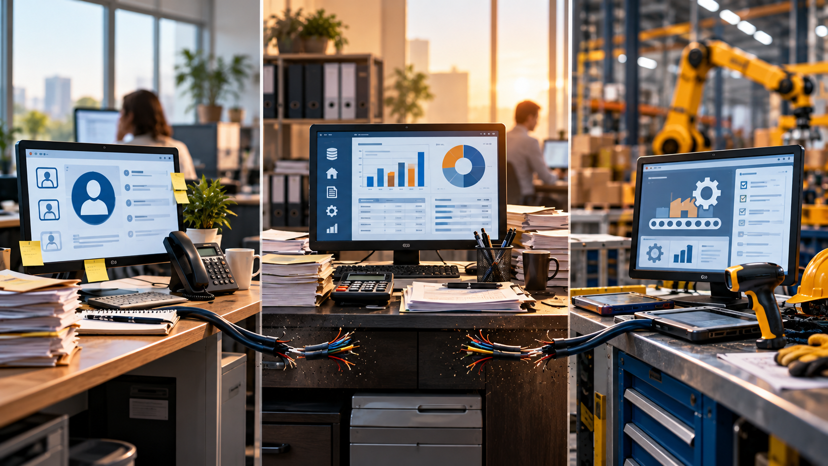 Disconnected ERP, CRM, and operational systems represented by separate workstations with broken data cables, highlighting business inefficiencies and integration challenges.