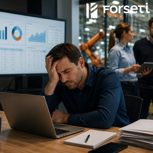 Man struggling with ERP system at work. 