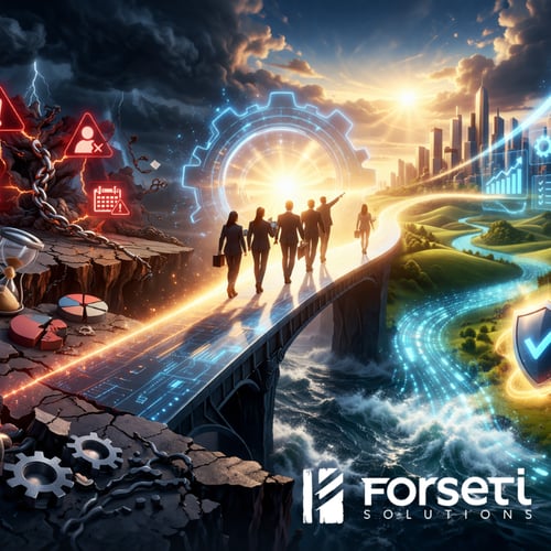 CEOs walking through fictional ERP risk management city. 