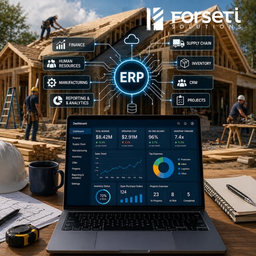 ERP system on computer at construction site. 